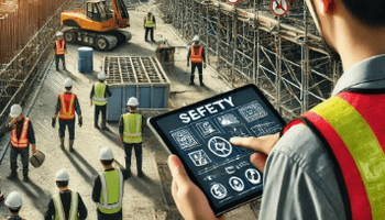 Featuring workers in full safety gear and a supervisor using safety management software.