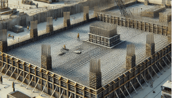 An illustration of a construction site featuring a mat foundation (raft foundation) in progress.