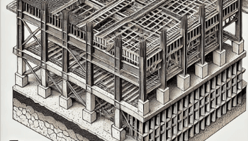 Illustration of a grillage foundation, showcasing its layers and structural support.