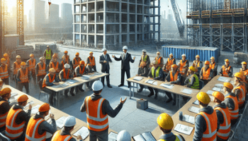 image illustrating the concept of union structure in construction, showcasing workers in a collaborative meeting with a union representative.