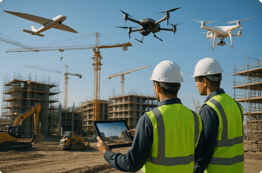 Illustration of drones in construction.