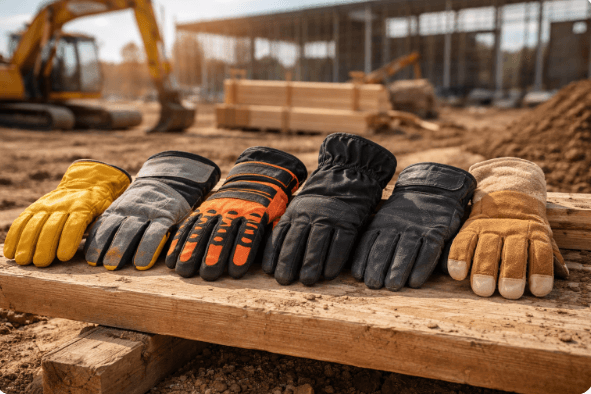 Construction gloves at sunset site.